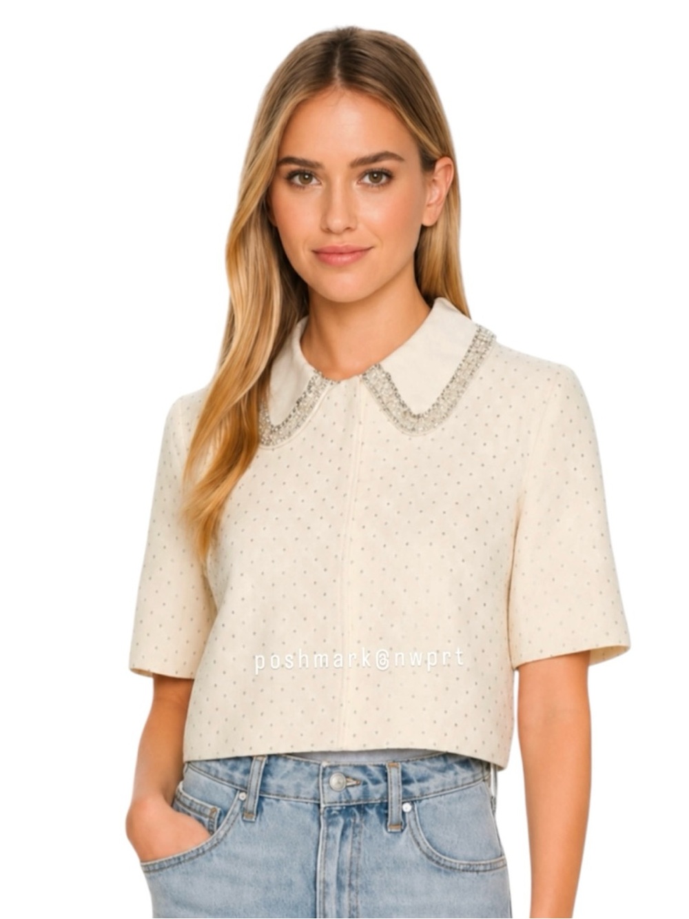 NWT 💯 SANDRO Paris Lahavane Rhinestone Crop Blazer Jacket Blouse Top 34 0 XS